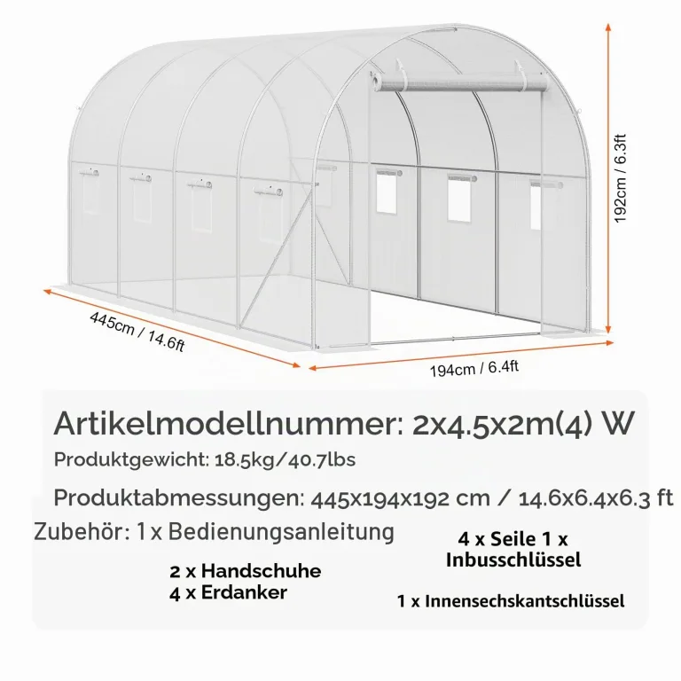 VEVOR Foliengewächshaus, 445 x 194 x 192 cm, Tomatengewächshaus, Treibhaus mit verzinktem Stahlrahmen, weißer PE-Abdeckung, aufrollbarer Reißverschlusstür und 8 Fenstern für den Außenbereich – Bild 7