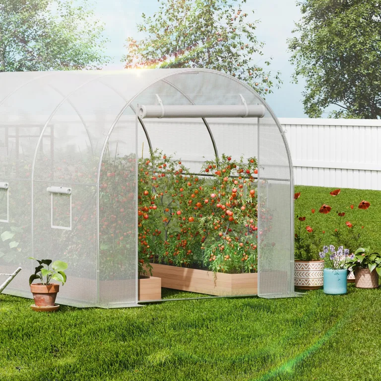 VEVOR Foliengewächshaus, 445 x 194 x 192 cm, Tomatengewächshaus, Treibhaus mit verzinktem Stahlrahmen, weißer PE-Abdeckung, aufrollbarer Reißverschlusstür und 8 Fenstern für den Außenbereich – Bild 8