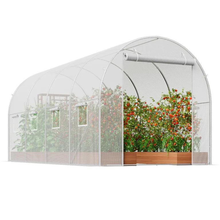 VEVOR Foliengewächshaus, 445 x 194 x 192 cm, Tomatengewächshaus, Treibhaus mit verzinktem Stahlrahmen, weißer PE-Abdeckung, aufrollbarer Reißverschlusstür und 8 Fenstern für den Außenbereich – Bild 9