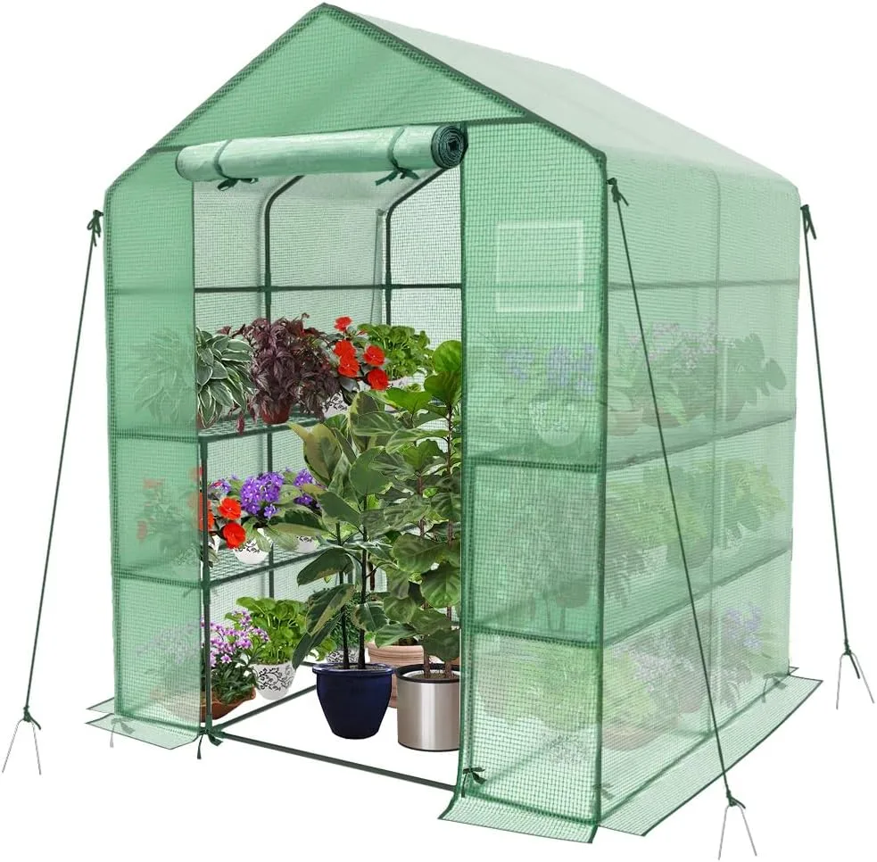 VOUNOT® Gewächshaus Foliengewächshaus, begehbares Gartenhäuschen mit 8 Regalebenen, Tomatenhaus Tomatengewächshaus, Grün 143x143x195cm - Bild 1