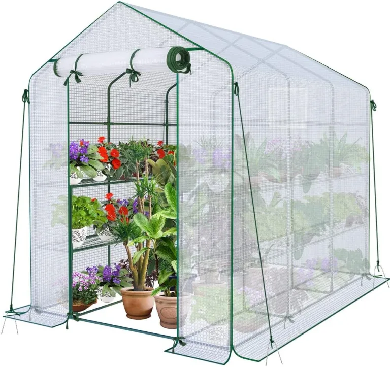 VOUNOT® Gewächshaus Foliengewächshaus, begehbares Gartenhäuschen mit 8 Regalebenen, Tomatenhaus Tomatengewächshaus, Grün 143x143x195cm – Bild 9