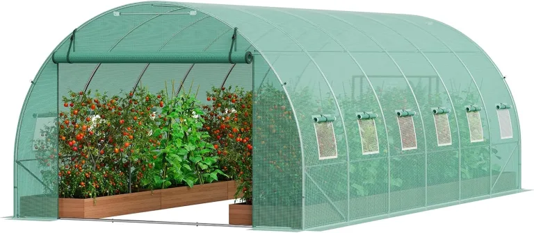 VEVOR Foliengewächshaus, 590 x 295 x 198 cm, Tomatengewächshaus, Treibhaus mit verzinktem Stahlrahmen, grüner PE-Abdeckung, aufrollbarer Reißverschlusstür und 12 Fenstern für den Außenbereich