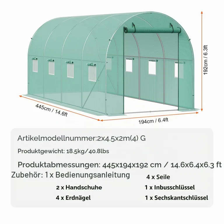 VEVOR Foliengewächshaus, 445 x 194 x 192 cm, Tomatengewächshaus, Treibhaus mit verzinktem Stahlrahmen, grüner PE-Abdeckung, aufrollbarer Reißverschlusstür und 8 Fenstern für den Außenbereich – Bild 7
