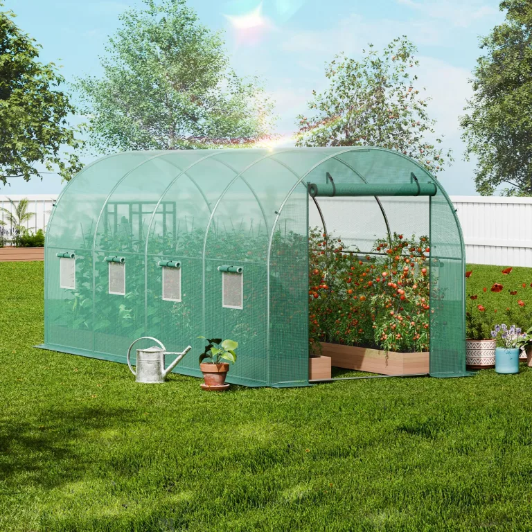 VEVOR Foliengewächshaus, 445 x 194 x 192 cm, Tomatengewächshaus, Treibhaus mit verzinktem Stahlrahmen, grüner PE-Abdeckung, aufrollbarer Reißverschlusstür und 8 Fenstern für den Außenbereich – Bild 8