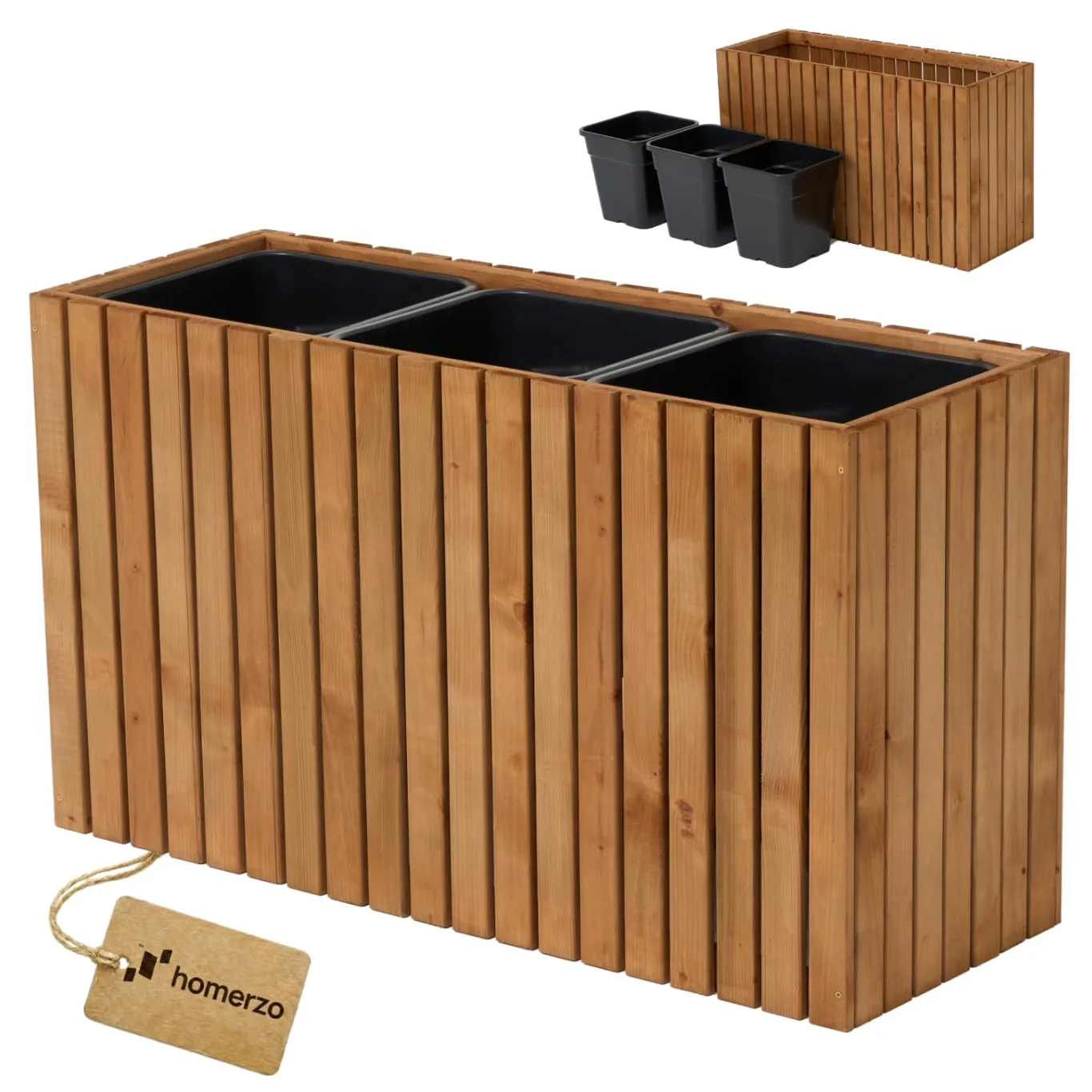 Pflanzkübel Holz – imprägniert wetterfest – mit herausnehmbarem Kunststoffeinsatz – Hochbeet Blumenkasten für Balkon Garten Terrasse (Vertikal-braun 98x36 H55 cm) - Bild 1