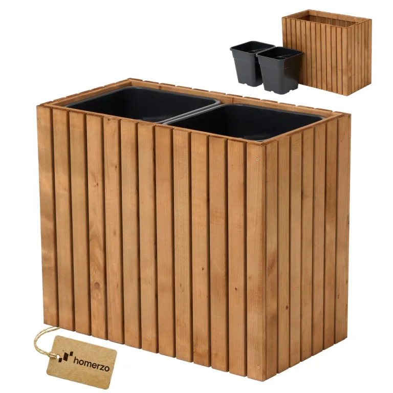 Pflanzkübel Holz – imprägniert wetterfest – mit herausnehmbarem Kunststoffeinsatz – Hochbeet Blumenkasten für Balkon Garten Terrasse (Vertikal-braun 67x36 H55 cm) – Bild 1