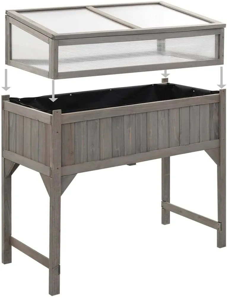 Hochbeet mit Gewächshaus Kräuterbeet Blumenkasten Frühbeet für Garten Hochbeet aus Holz Anzuchtbeet Raised Bed Gemüsebeet Pflanzenbeet Grau 110x54x120 cm Massives Tannenholz – Bild 6