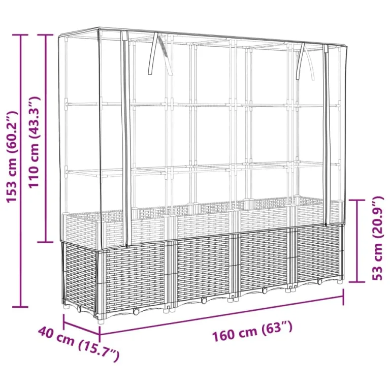 Hochbeet mit Gewächshaus-Aufsatz Kräuterbeet Frühbeet für Garten Pflanzkasten mit Gewächshaus Blumenbeet Pflanzenbeet Anzuchtbeet Gartenbeet Gemüsebeet Wetterfest Schwarz 160x40x153 cm PP – Bild 6