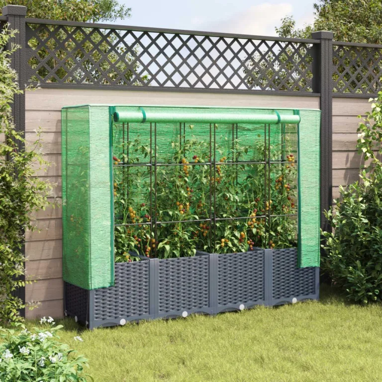 Hochbeet mit Gewächshaus-Aufsatz Gemüsebeet Kräuterbeet Blumenkasten Frühbeet für Garten Pflanzkasten mit Gewächshaus Blumenbeet Pflanzenbeet Gartenbeet Dunkelgrau 160x40x138 cm PP – Bild 3