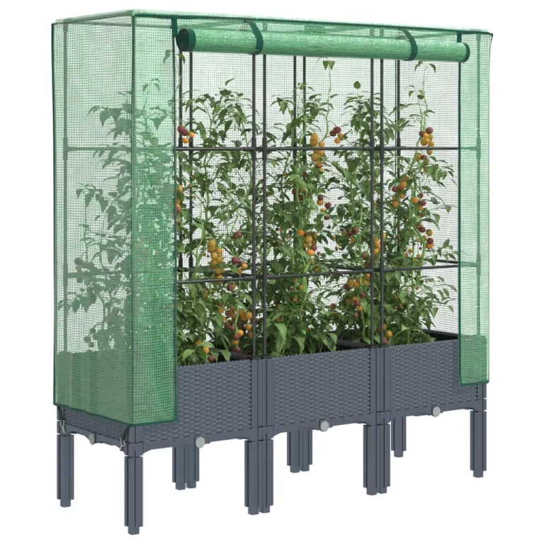 Hochbeet mit Gewächshaus-Aufsatz Gemüsebeet Kräuterbeet Blumenkasten Frühbeet für Garten Pflanzkasten mit Gewächshaus Blumenbeet Pflanzenbeet Gartenbeet Dunkelgrau 160x40x138 cm PP – Bild 9