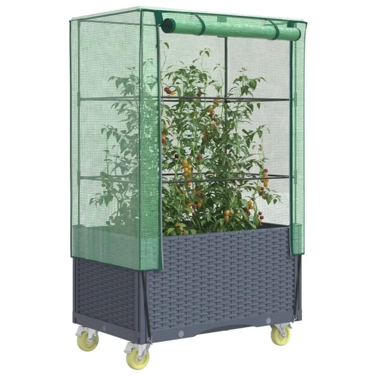 Hochbeet mit Aufsatz und Rollen Kräuterbeet Blumenbeet Frühbeet für Garten Pflanzenbeet Blumenkasten Pflanzkasten mit Gewächshaus Gartenbeet Gemüsebeet Dunkelgrau 50x80x182 cm PP – Bild 1