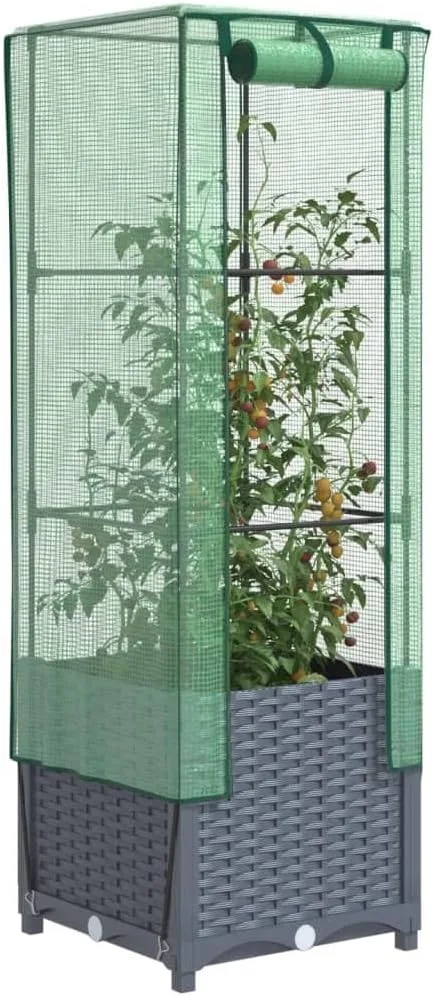 Hochbeet mit Gewächshaus-Aufsatz Gartenbeet Gemüsebeet Kräuterbeet Pflanzkasten mit Gewächshaus Blumenkasten Frühbeet für Garten Blumenbeet Pflanzenbeet Dunkelgrau 40x40x139 cm PP