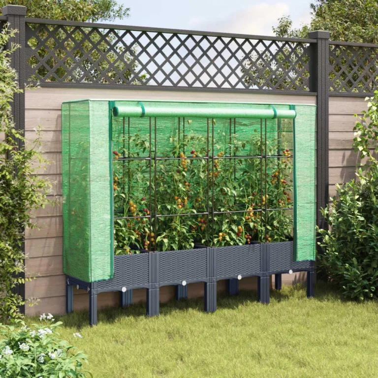 Hochbeet mit Gewächshaus-Aufsatz Pflanzkasten mit Gewächshaus Kräuterbeet Blumenbeet Frühbeet für Garten Pflanzenbeet Blumenkasten Gartenbeet Gemüsebeet Dunkelgrau 160x40x140 cm PP – Bild 3