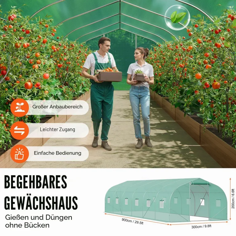 VEVOR begehbares Tunnel-Gewächshaus, 900x300x200cm Treibhaus, Spitzdach-Tomatenhaus mit verzinktem Stahlrahmen, grüner PE-Abdeckung, aufrollbarer Reißverschlusstür und 12 Fenstern für den Außenbereich – Bild 5