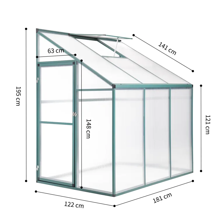Anlehngewächshaus Tomatenhaus 181x122x195cm Aluminium Beistell-Gewächshaus, Treibhaus Gartenhaus Frühbeet Ohne Rückwand, Winterfest Klein, Minigewächshaus, 2.2m², Grün – Bild 3