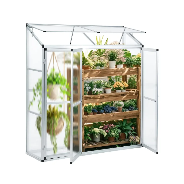 Anlehngewächshaus Tomatenhaus 181x122x195cm Aluminium Beistell-Gewächshaus, Treibhaus Gartenhaus Frühbeet Ohne Rückwand, Winterfest Klein, Minigewächshaus, 2.2m², Grün – Bild 10