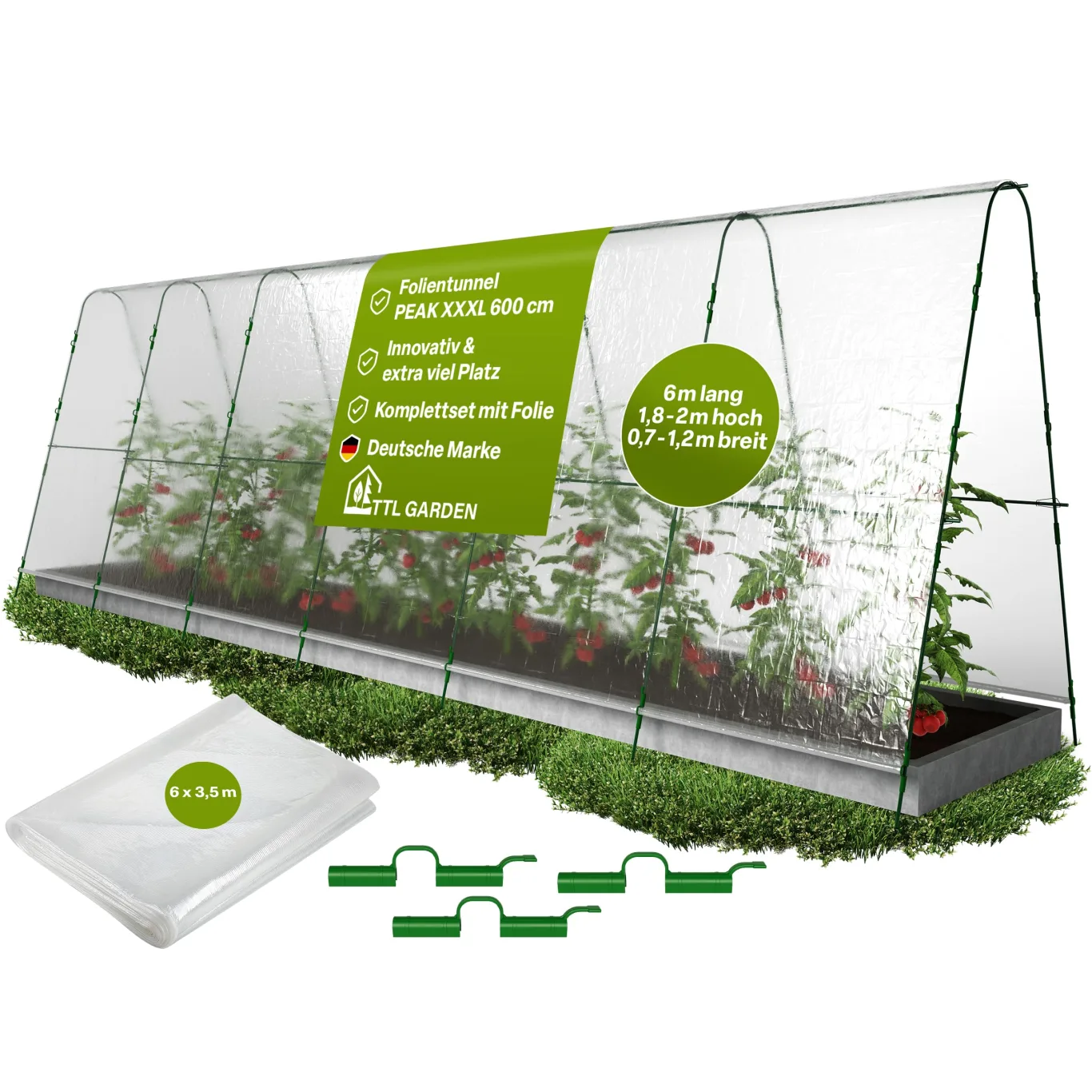 TTL GARDEN Peak XXXL 600 Folientunnel & Tunnelbogen - Pflanztunnel mit Folie, Beetabdeckung für große Pflanzen 2m hoch, 1,20m breit, 6m lang, Folien Tunnel Bögen System, Stahl rostfrei Tomaten Bohnen - Bild 1