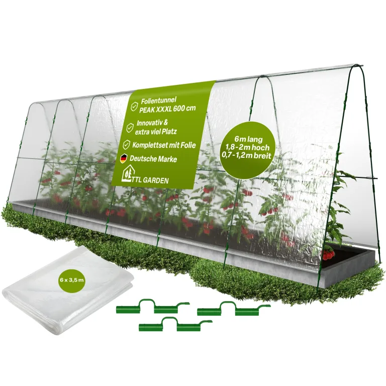 TTL GARDEN Peak XXXL 600 Folientunnel & Tunnelbogen - Pflanztunnel mit Folie, Beetabdeckung für große Pflanzen 2m hoch, 1,20m breit, 6m lang, Folien Tunnel Bögen System, Stahl rostfrei Tomaten Bohnen