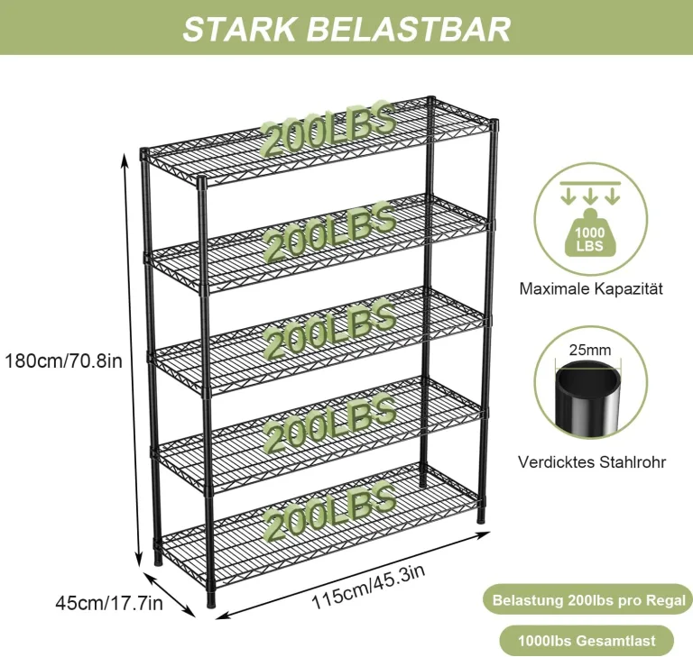 KZOBYD Lagereinheit mit 5 höhenverstellbaren Regalböden, 500 kg belastbar, Standregal aus Metall, 5 Ablage Schwerlastregal, Metallregal Küchenregal Garagenregal Lagerregal (Schwarz, 115 x 45 x 180 cm) – Bild 3