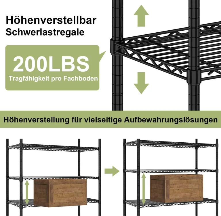 KZOBYD Lagereinheit mit 5 höhenverstellbaren Regalböden, 500 kg belastbar, Standregal aus Metall, 5 Ablage Schwerlastregal, Metallregal Küchenregal Garagenregal Lagerregal (Schwarz, 115 x 45 x 180 cm) – Bild 4