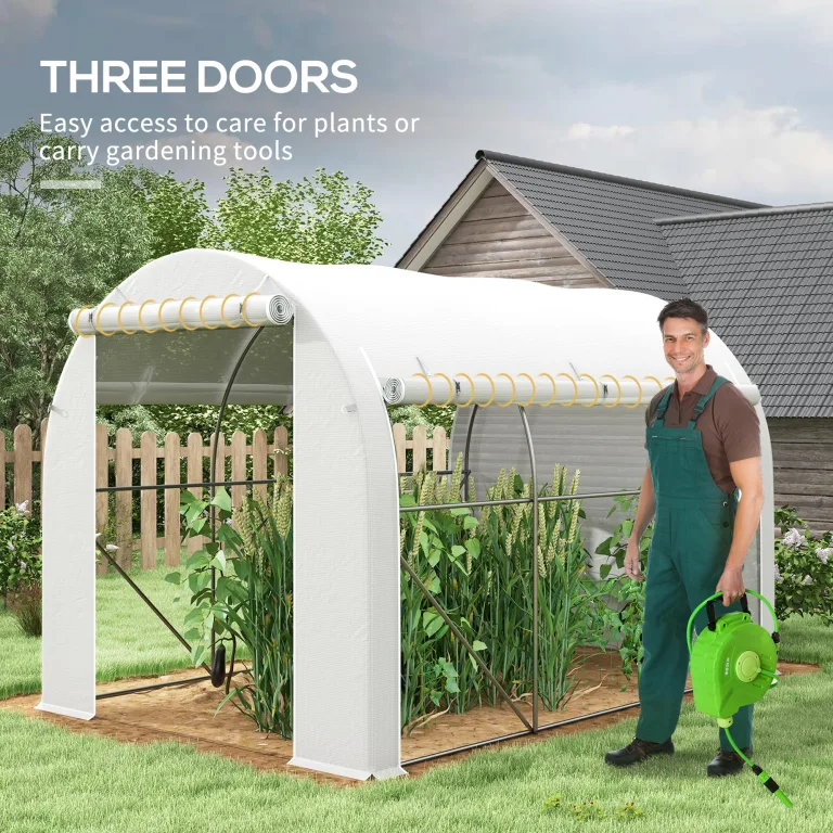 Outsunny Garten-Gewächshaus, 6 m², 3 x 2 m, mit 1 Tür + 2 aufrollbaren Seitenwänden mit Reißverschluss, 6 Fenster, verzinkter Stahl, Polyethylen, hohe Dichte, 140 g/m², UV-Schutz, Weiß – Bild 4