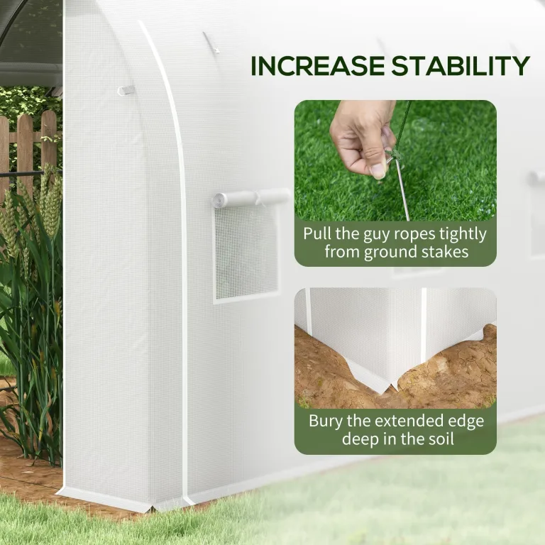 Outsunny Garten-Gewächshaus, 6 m², 3 x 2 m, mit 1 Tür + 2 aufrollbaren Seitenwänden mit Reißverschluss, 6 Fenster, verzinkter Stahl, Polyethylen, hohe Dichte, 140 g/m², UV-Schutz, Weiß – Bild 6