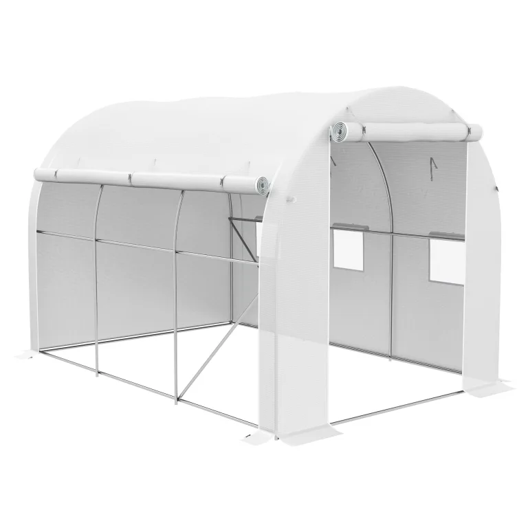 Outsunny Garten-Gewächshaus, 6 m², 3 x 2 m, mit 1 Tür + 2 aufrollbaren Seitenwänden mit Reißverschluss, 6 Fenster, verzinkter Stahl, Polyethylen, hohe Dichte, 140 g/m², UV-Schutz, Weiß – Bild 1