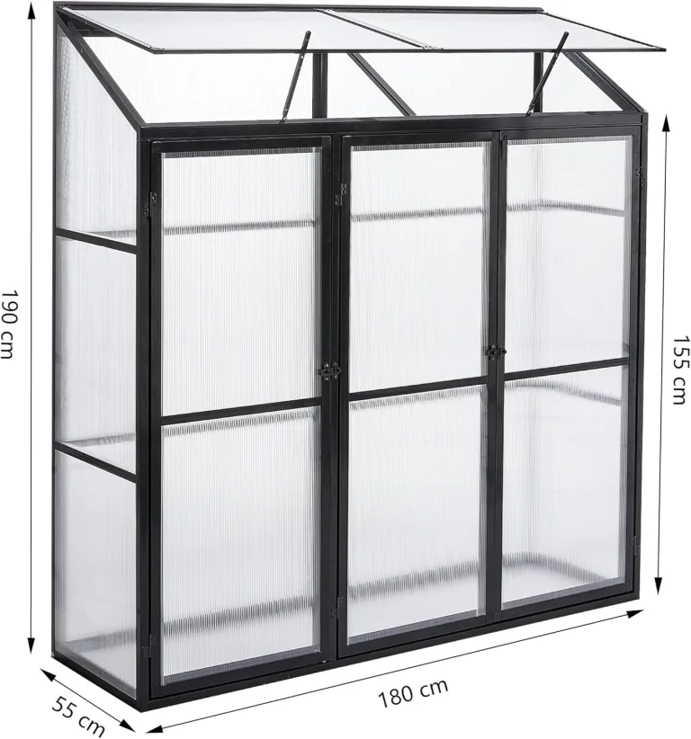 Aluminium Anlehngewächshaus Beistell Tomatengewächshaus klein Gewächshaus Dreitürig Treibhaus 190x55X180 cm schwarz – Bild 3
