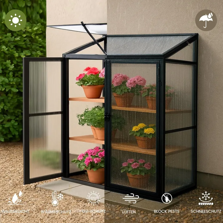 Aluminium Anlehngewächshaus Beistell Tomatengewächshaus klein Gewächshaus Doppeltür Treibhaus 140x55X130 cm schwarz – Bild 6