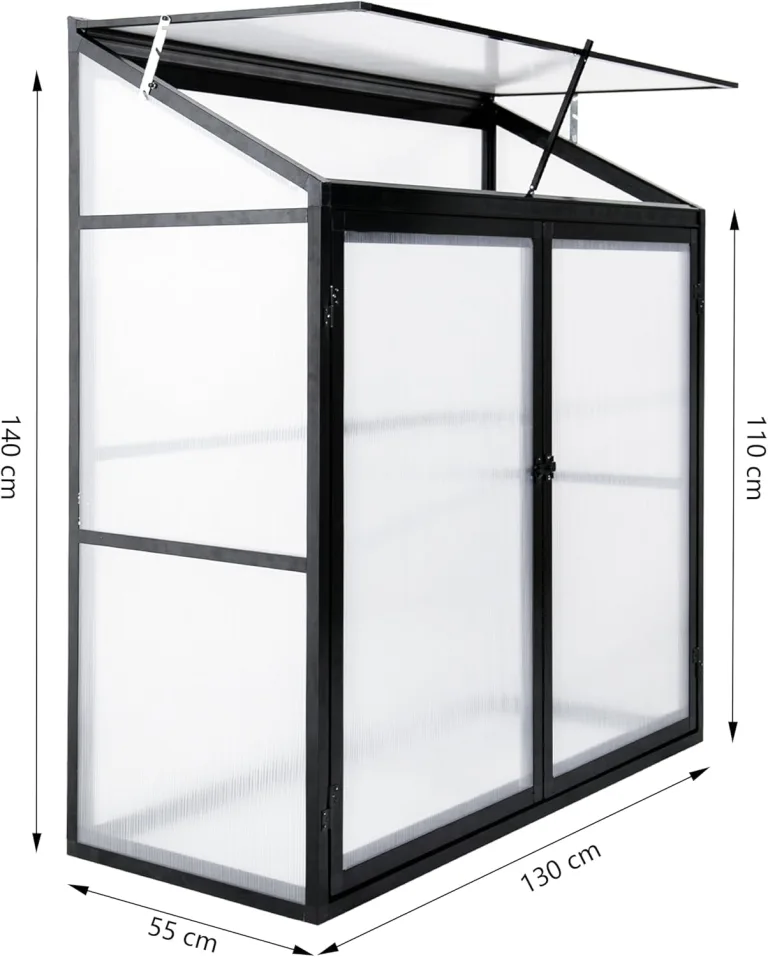 Aluminium Anlehngewächshaus Beistell Tomatengewächshaus klein Gewächshaus Doppeltür Treibhaus 140x55X130 cm schwarz – Bild 2