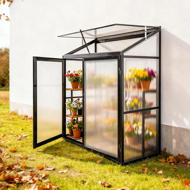 Aluminium Anlehngewächshaus Beistell Tomatengewächshaus klein Gewächshaus Doppeltür Treibhaus 140x55X130 cm schwarz – Bild 1