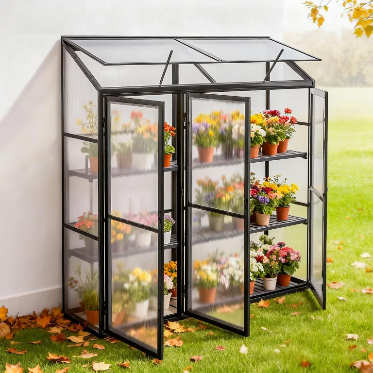 Aluminium Anlehngewächshaus Beistell Tomatengewächshaus klein Gewächshaus Dreitürig Treibhaus Ohne Rückwand 182x122X195 cm grün – Bild 10