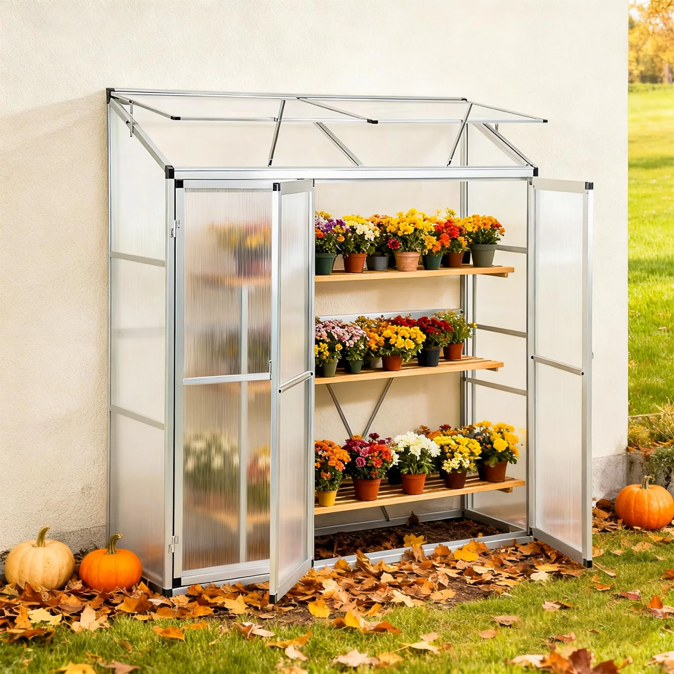 Aluminium Anlehngewächshaus Beistell Tomatengewächshaus klein Gewächshaus Dreitürig Treibhaus 190x52x182 cm Silber - Bild 1