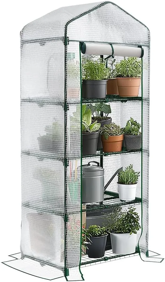 VOUNOT® Gewächshaus Foliengewächshaus, 4 Etagen Treibhaus Gartenhäuschen für Balkon mit 4 Regalebenen, Tomatenhaus Tomatengewächshaus, Weiß 69x49x160cm - Bild 1