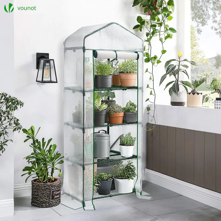 VOUNOT® Gewächshaus Foliengewächshaus, 4 Etagen Treibhaus Gartenhäuschen für Balkon mit 4 Regalebenen, Tomatenhaus Tomatengewächshaus, Weiß 69x49x160cm – Bild 8
