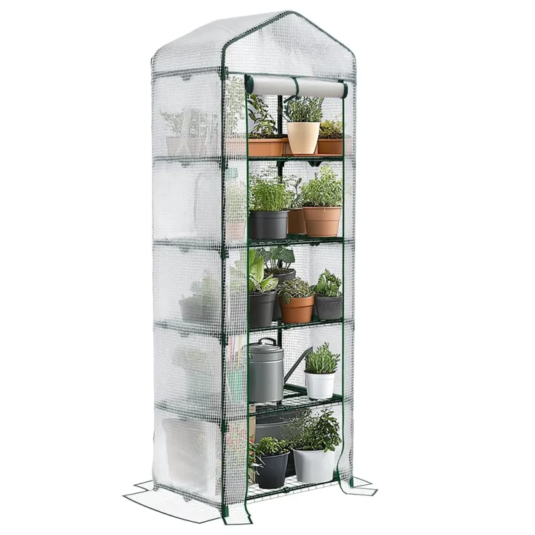 VOUNOT® Gewächshaus Foliengewächshaus, 5 Etagen Treibhaus Gartenhäuschen für Balkon mit 5 Regalebenen, Tomatenhaus Tomatengewächshaus, Weiß 69x49x193cm – Bild 1