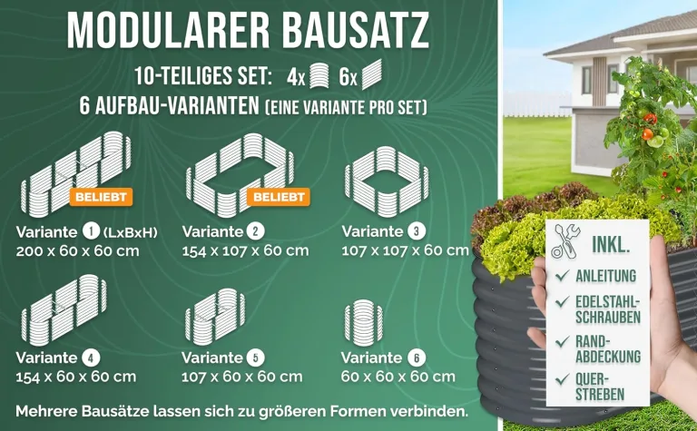 200x60x60 cm Hochbeet Metall I 6-in-1 Gartenbeet aus verzinktem Stahl I Pflanzbeet wetterfest & rostfrei I Ovales Gemüsebeet für Garten & Terasse I Hochbeet Bausatz ohne Boden (Anthrazit) – Bild 3