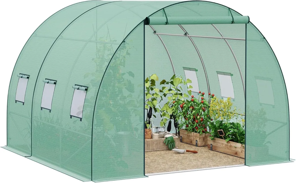 WOLTU Gewächshaus, Foliengewächshaus für Aufzucht Tomaten, Tomatenhaus Winterfest mit Tür 6 Fenstern, aus Stahlrohr PE, 300 x 300 x 200 cm, Grün