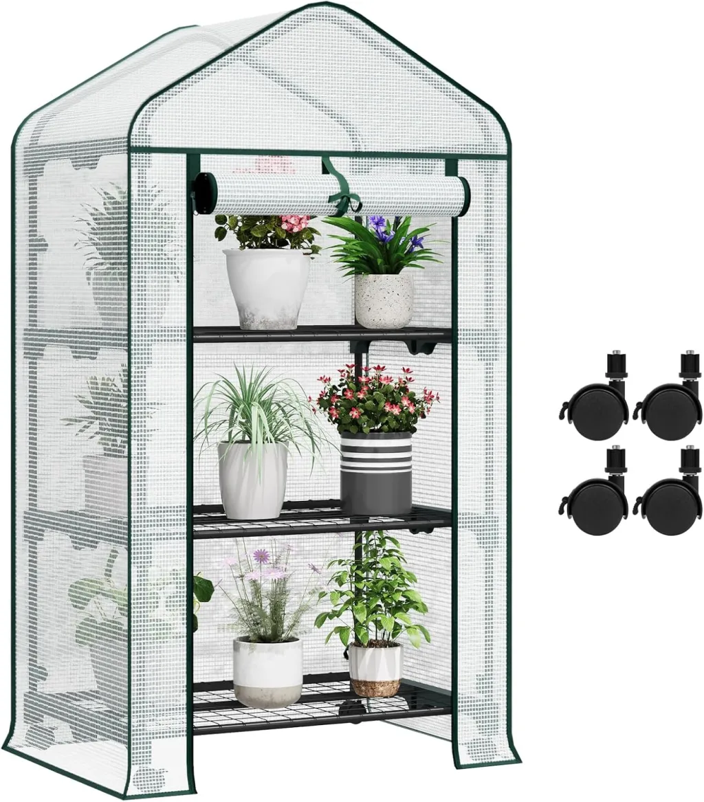 WOLTU Gewächshaus mit Rollen, Foliengewächshaus mit 4 Regalen, halbtransparentes Tomatengewächshaus mit aufrollbarer Tür, Winterschutz für Pflanzen, für Balkon Terrasse Garten, 70x50x131 cm, Weiß