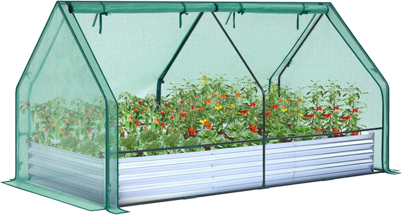 Ohuhu 3-in-1 Metall Hochbeet Frühbeet Set 240x120x30 cm, Verzinkter Stahl Pflanzkasten Hochbeet-kit mit 4 Türigem Foliengewächshaus – Ideal für Garten Gemüseanbau - Bild 1
