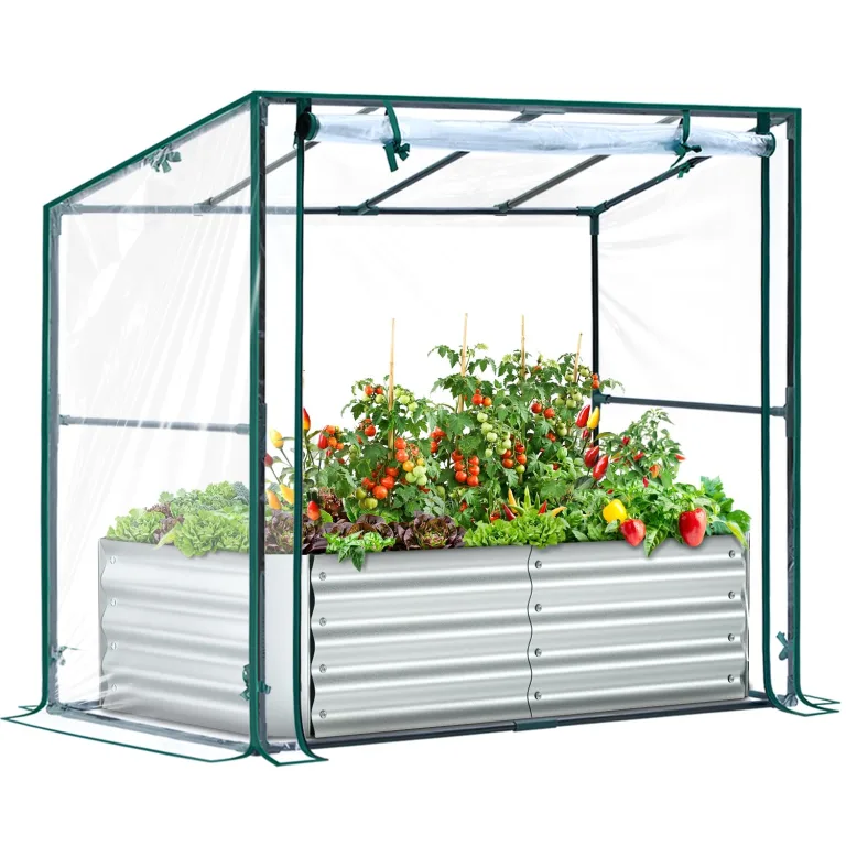 Ohuhu 3 in 1 Hochbeet Metall mit Gewächshaus Frühbeet & PVC Foliengewächshaus, Hochbeet Frühbeet mit Tomatenhaus Kräuterbeet mit Stahlrahmen Blumenkasten für Garten 120×60×30 cm – Bild 1
