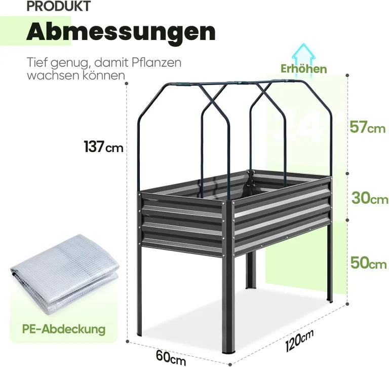 KING BIRD Hochbeet aus Metall Pflanzkasten Blumenbett, Frühbeet Bausatz Kräuterbeet für Garten, Balkon, Terrasse (122x61x42cm) – Bild 6