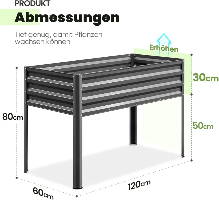 KING BIRD Hochbeet aus Metall, Frühbeet Bausatz Pflanzenbeet Pflanzkasten Blumenbett für Garten, Terrasse, Balkon, 181 kg Tragkraft, grau,120 x 60 x 80 cm – Bild 4
