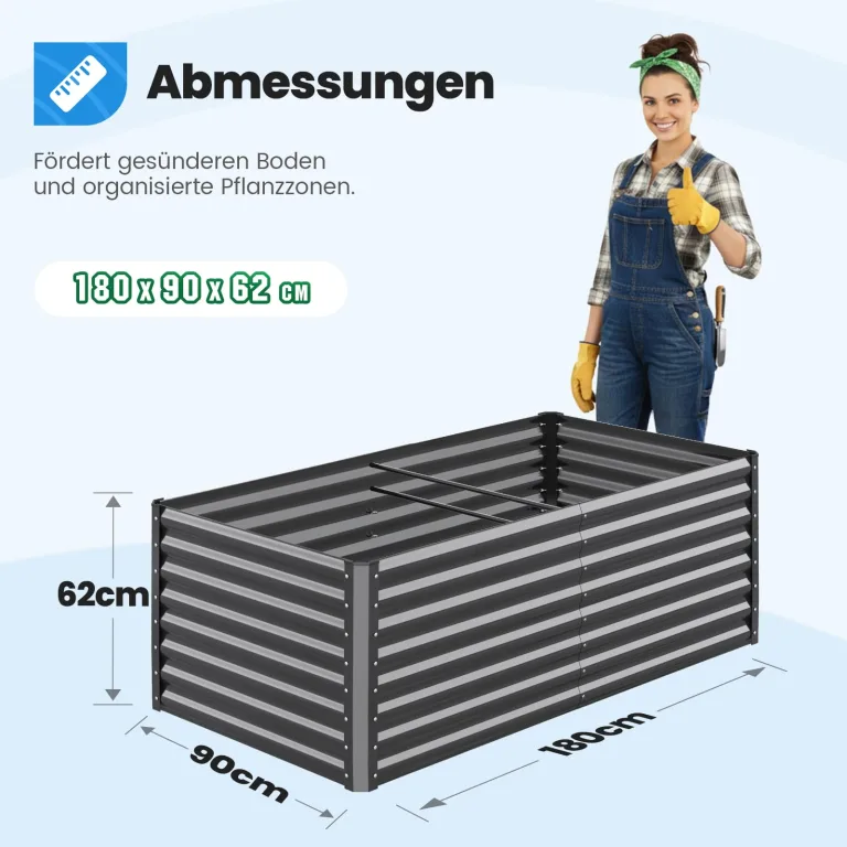 Quictent Hochbeet Pflanzkasten aus Metall, 180 x 90 x 62cm Kräuterbeet ohne Boden für Garten, Freistehendes Gemüsebeet mit Tomatenkäfigen,Grau – Bild 6