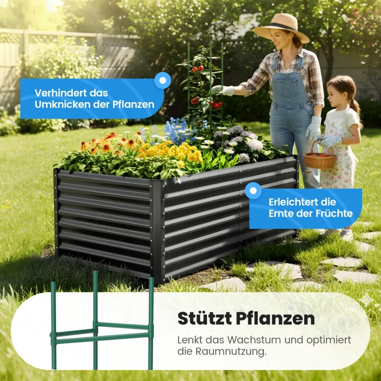 Quictent Hochbeet Pflanzkasten aus Metall, 180 x 90 x 62cm Kräuterbeet ohne Boden für Garten, Freistehendes Gemüsebeet mit Tomatenkäfigen,Grau – Bild 9
