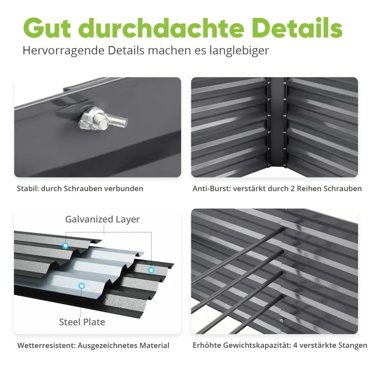 Quictent Hochbeet Metall 240x120x62cm, Wetterfestes Erhöhte Extragroße Pflanzenbeet, Gemüsebeet Pflanzkasten Frühbeet mit Tomatenkäfigen, Gartenbeet für Garten,Grau – Bild 8