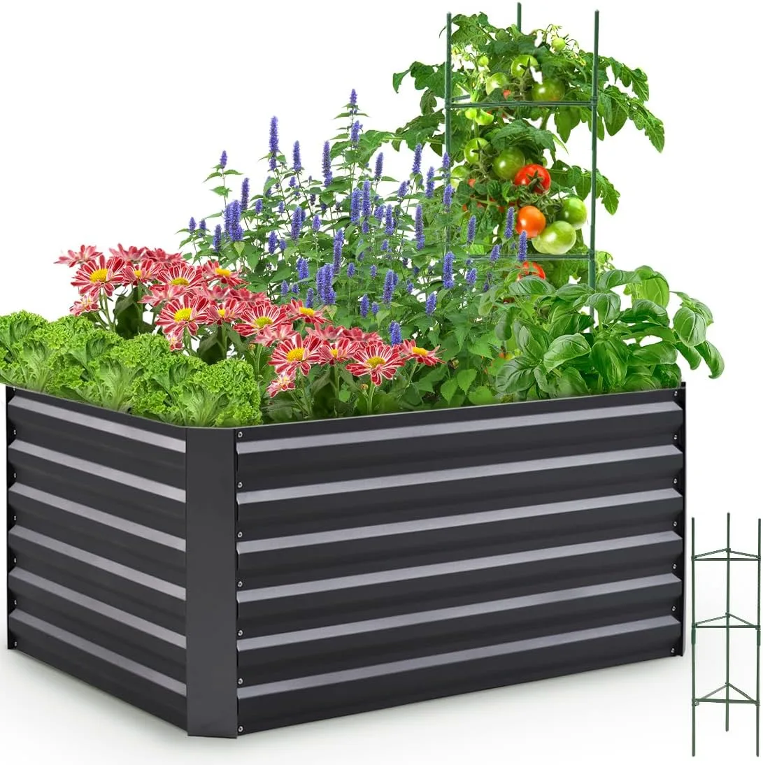 Quictent Hochbeet Metall 120 x 90 x 56cm, Kräuterbeet ohne Boden für Garten, Gemüsebeet Pflanzkasten Frühbeet mit Tomatenkäfigen,Grau - Bild 1