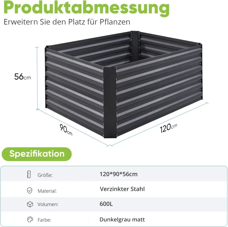 Quictent Hochbeet Metall 120 x 90 x 56cm, Kräuterbeet ohne Boden für Garten, Gemüsebeet Pflanzkasten Frühbeet mit Tomatenkäfigen,Grau – Bild 5