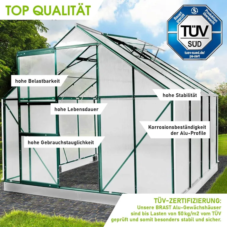 BRAST Gewächshaus Aluminium mit Fundament | 42 Modelle | 130x190x195cm - 490x250x235cm | TÜV geprüft | 6mm Hohlkammerplatten | rostfrei wetterfest temperaturbeständig | 250x250x205cm Grün – Bild 4