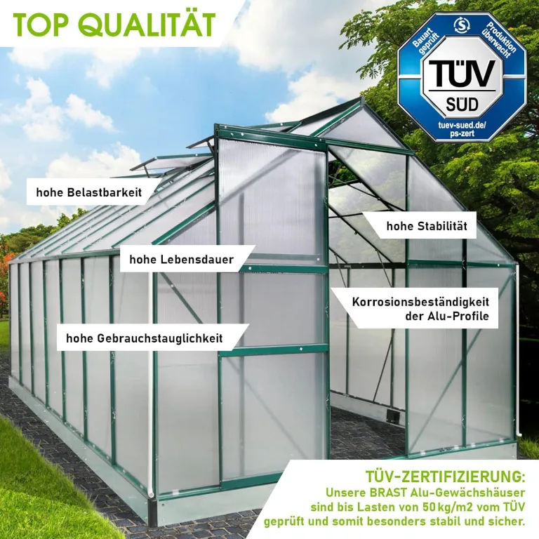 BRAST Gewächshaus Aluminium mit Fundament | 42 Modelle | 130x190x195cm - 490x250x235cm | TÜV geprüft | 6mm Hohlkammerplatten | rostfrei wetterfest temperaturbeständig | 490x250x205cm Grün – Bild 4